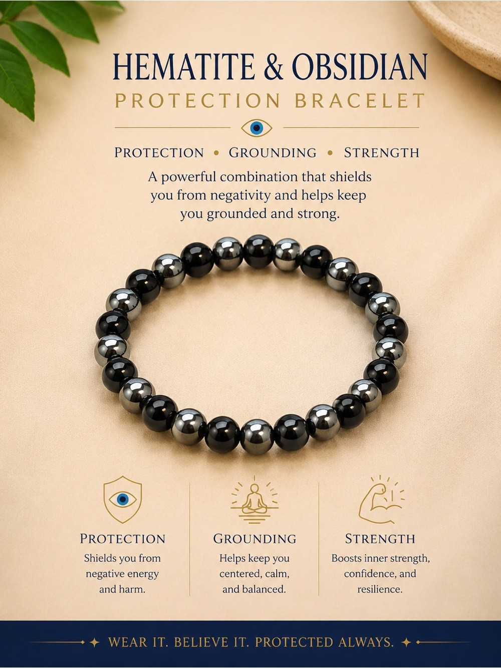 Hematite & Obsidian Protection Bracelet - Black & Silver